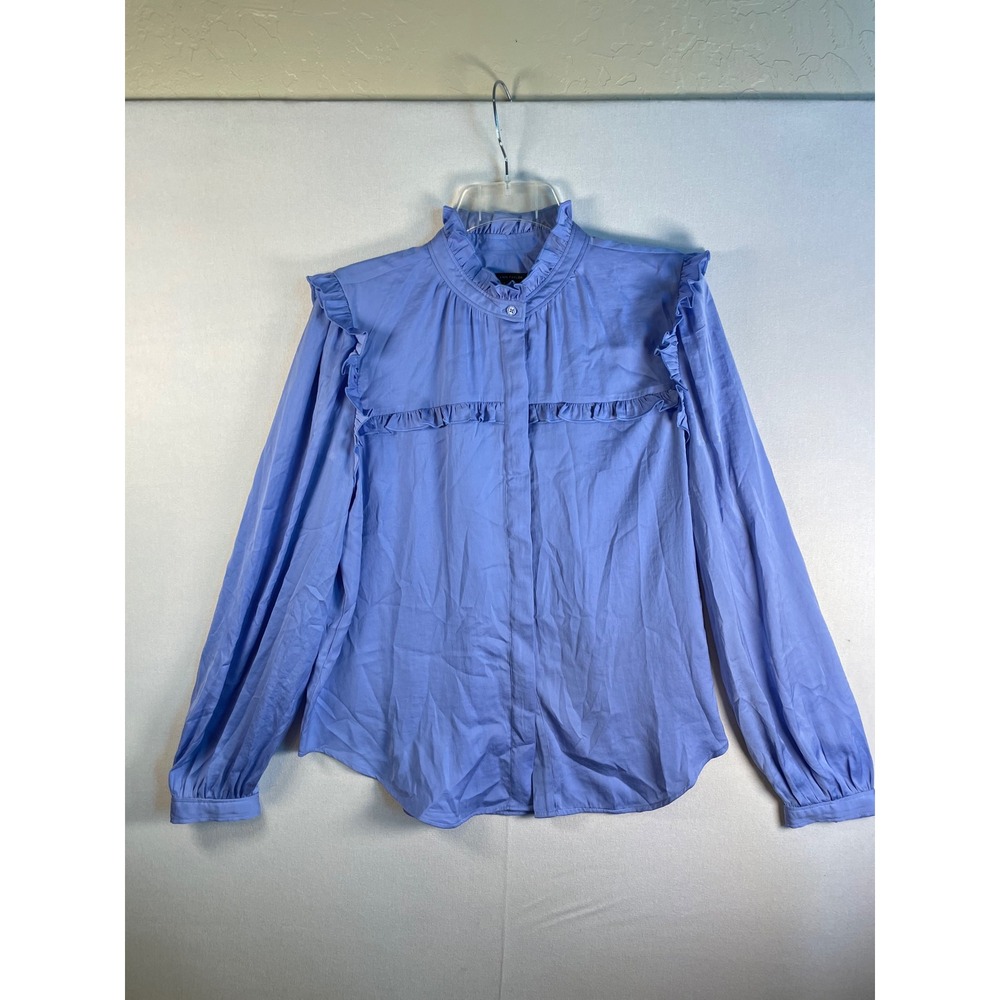 Ann Taylor Periwinkle Blue Ruffle High Neck Button Down Blouse Womens Medium M - Picture 2 of 7